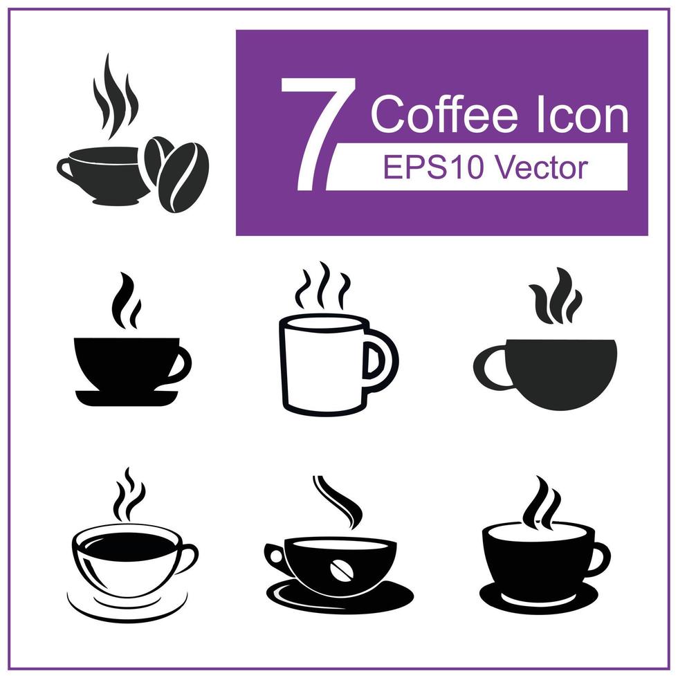 7 icon a cup of hot coffee with steaming smoke. Coffee beans between coffee cups. Vector illustration of a cup of coffee editable symbol. Simple flat icon