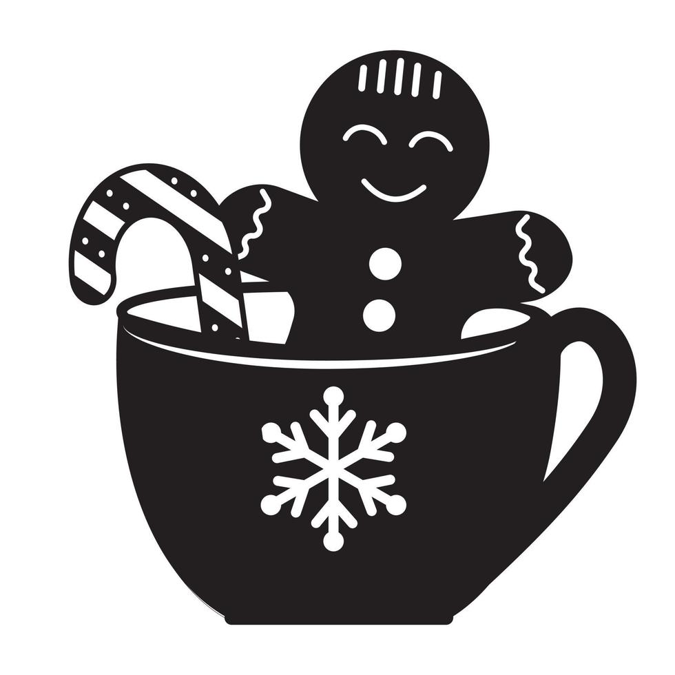 Christmas card with nice cartoon character. Gingerbread cookie man in a hot cup of cappuccino. Flat design, vector illustration