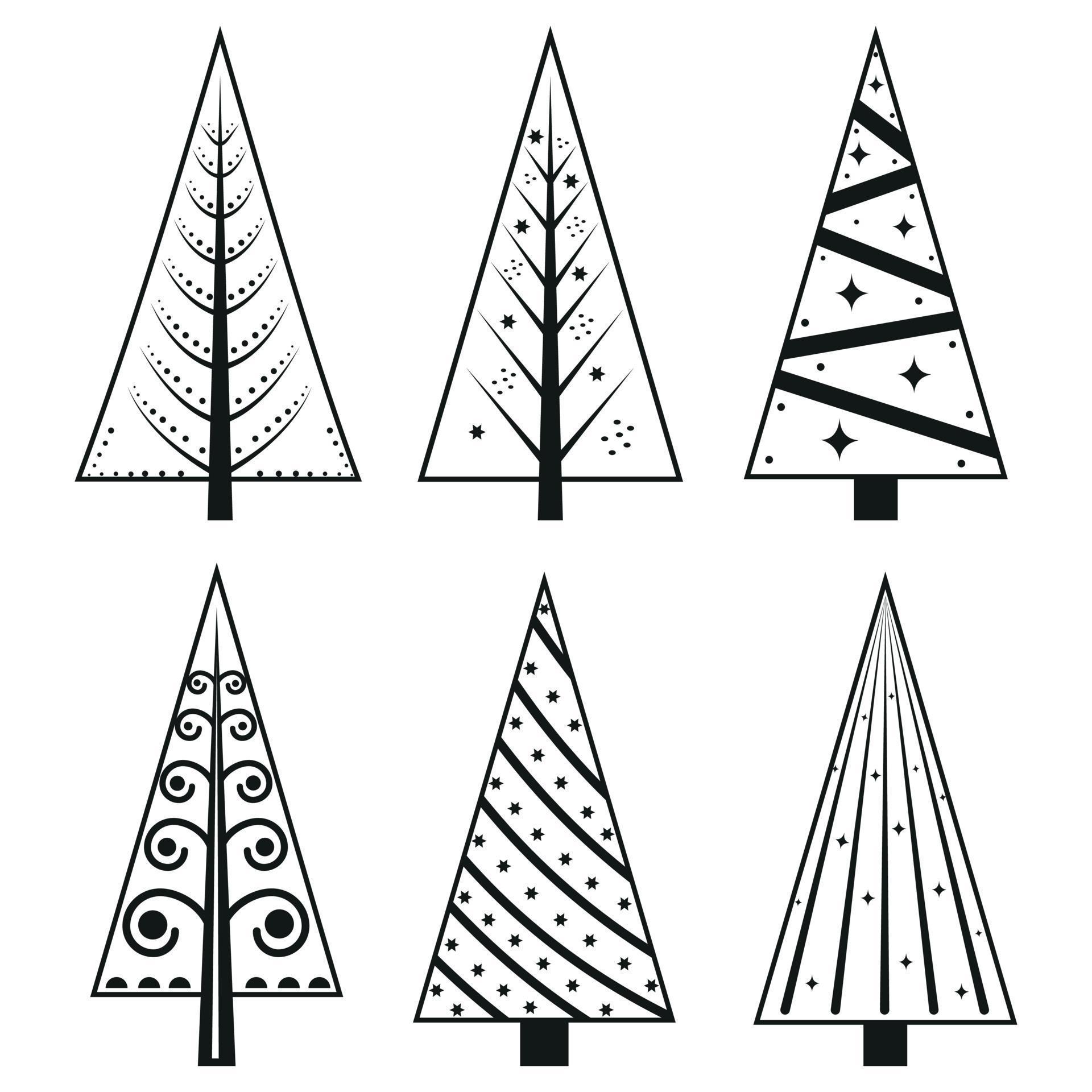 A set of Christmas trees in the doodle style, black outline. Isolated ...