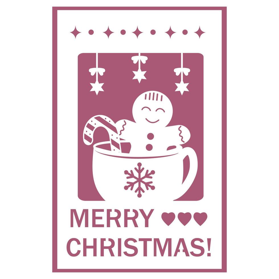 Christmas card with nice cartoon character. Gingerbread cookie man in a hot cup of cappuccino. Flat design, vector illustration