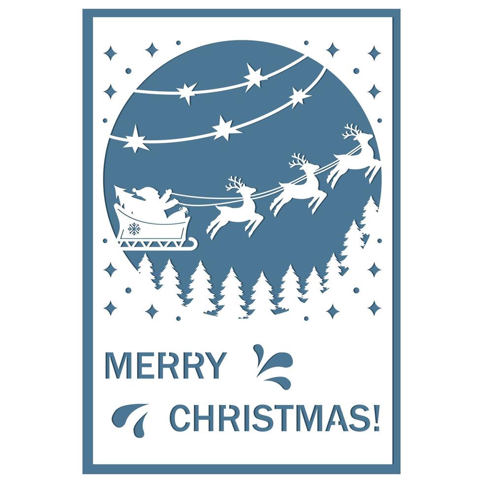 Christmas card papercut Santa Claus on reindeer, vector illustration