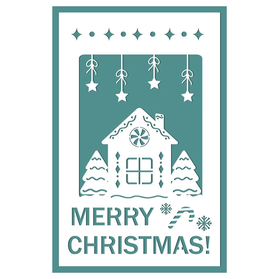 tarjeta de navidad papercut casa de pan de jengibre con árboles de navidad, ilustración vectorial vector