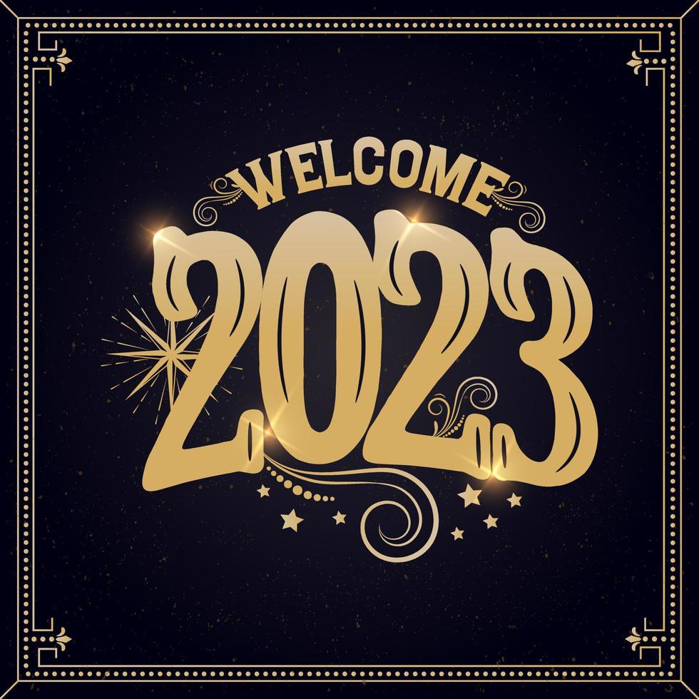 Happy New Year 2023 handwritten lettering typography line design gold black blue year 2023 background vector