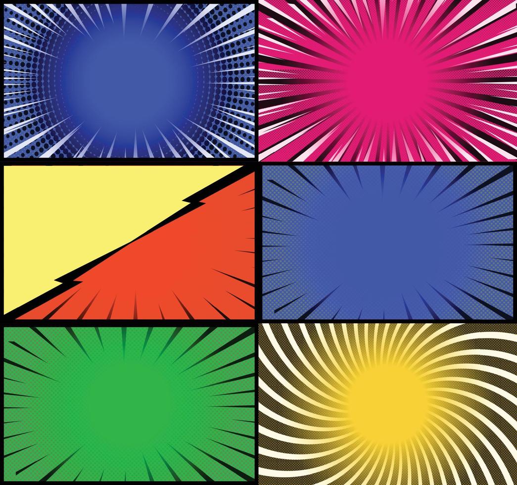 Comic book colorful frames background with halftone rays radial and dotted effects pop art style vector