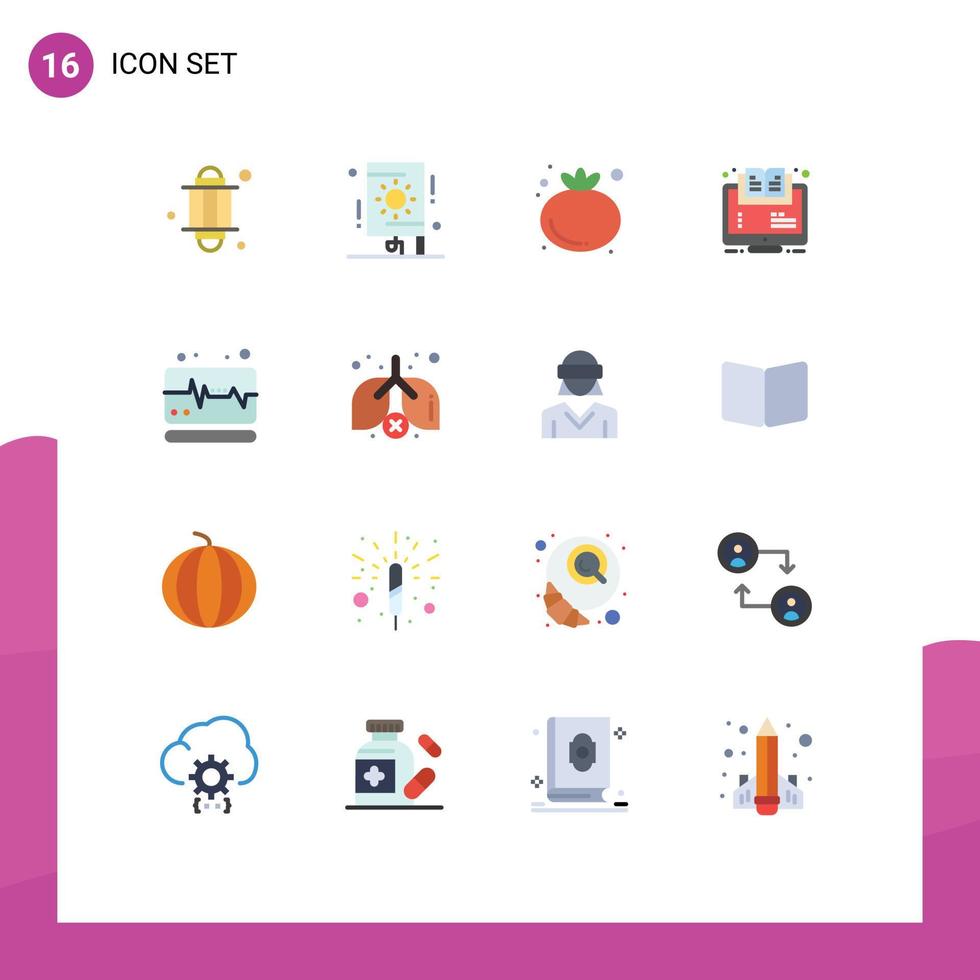 paquete de 16 signos y símbolos modernos de colores planos para medios de impresión web, como seminario web de alimentos en línea médica y paquete editable de elementos creativos de diseño de vectores