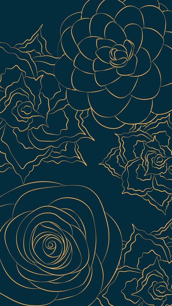 Vertical background in minimalist style, golden contoured flowers on blue color vector illustration