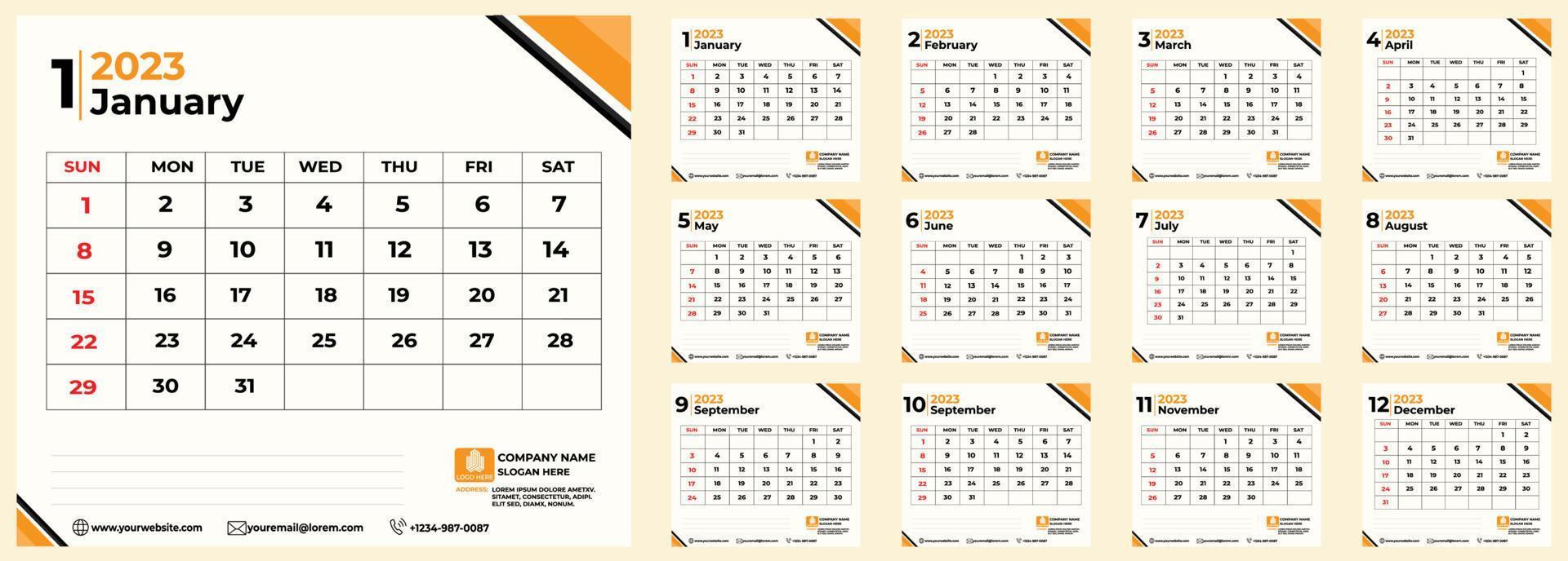 calendario mensual 2023 establecido, la semana comienza en domingo, en tono naranja negro vector