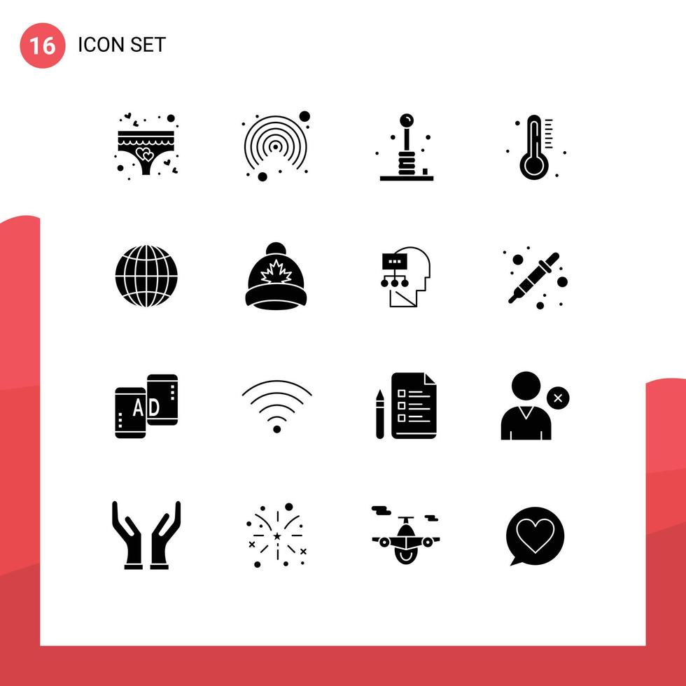 User Interface Pack of 16 Basic Solid Glyphs of globe rain fun weather hot Editable Vector Design Elements