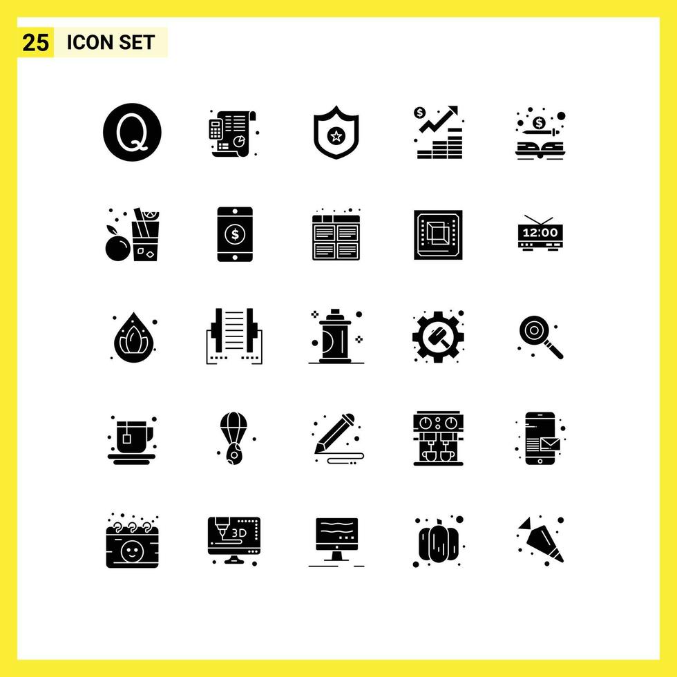 Mobile Interface Solid Glyph Set of 25 Pictograms of dollar book sheriff marketing growth Editable Vector Design Elements