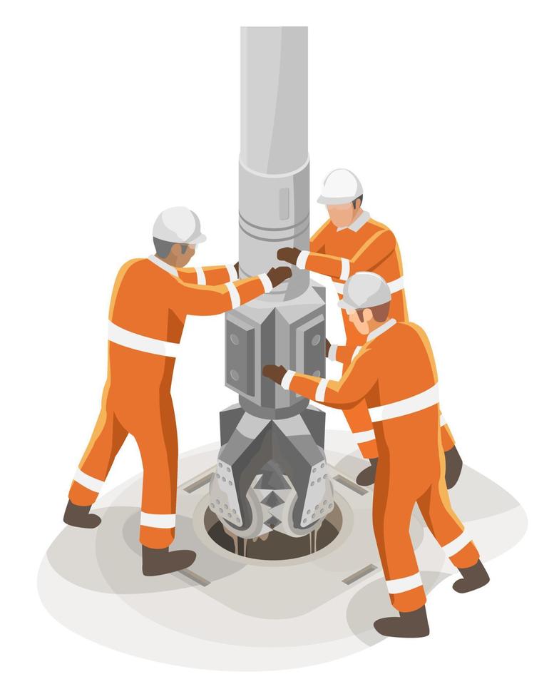 Oil and Gas industry production hard work laborer worker discovery processing platforms or offshore drilling natural gas in ocean isometric isolated vector