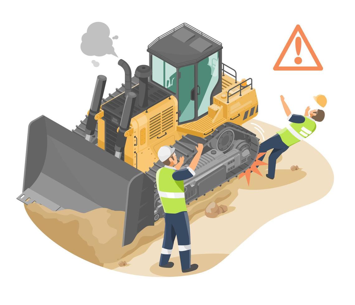 Machine Accident Worker Construction site Safety Occupational Health labor risks tractor excavato yellow Bulldozer quarry heavy machine work tractor excavato machinery isometric vector