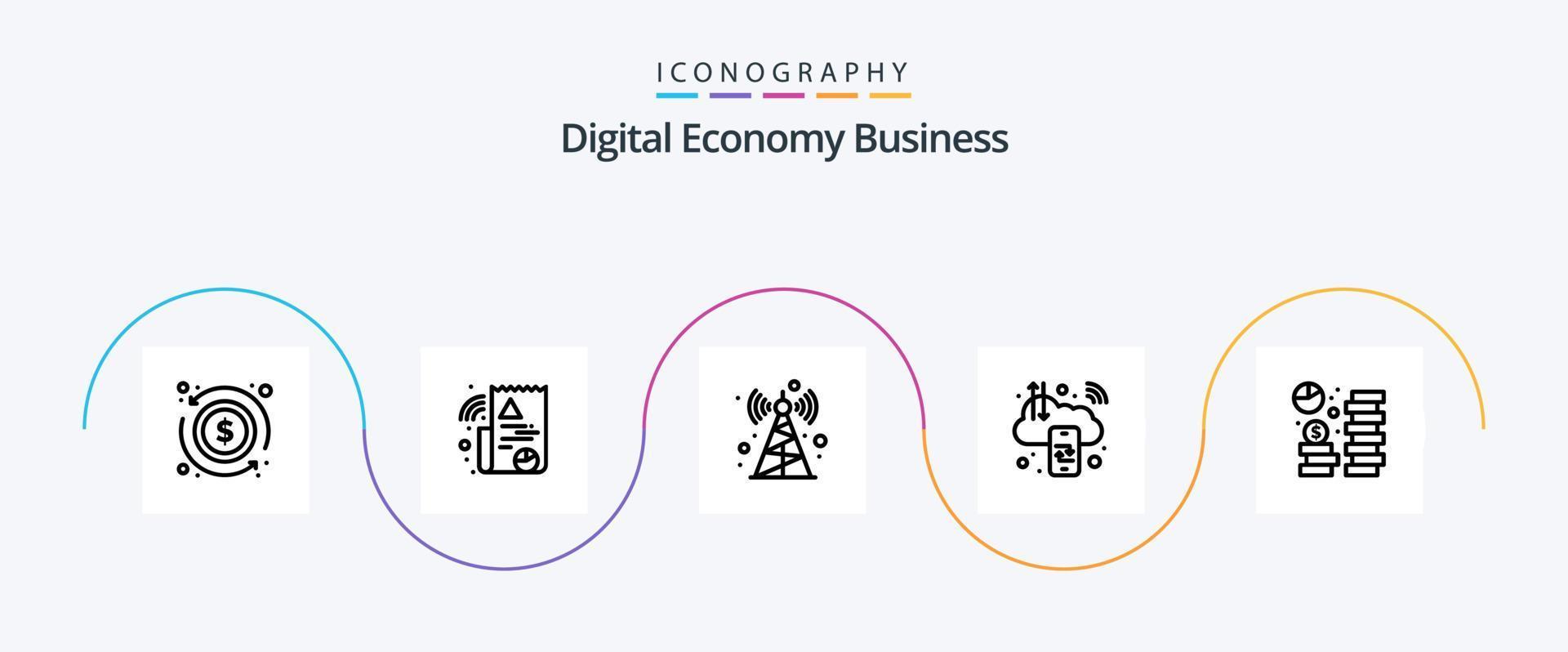 Digital Economy Business Line 5 Icon Pack Including dollar. coin. radio. internet. computing vector