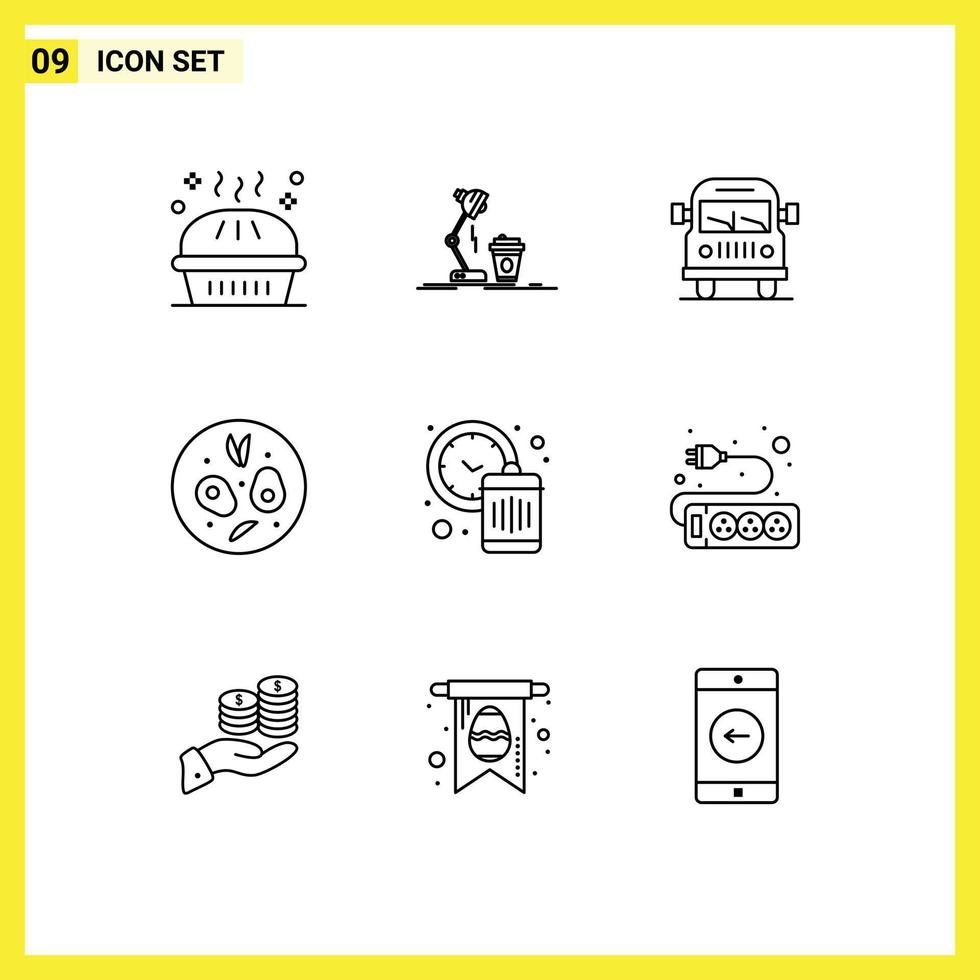 Universal Icon Symbols Group of 9 Modern Outlines of clock food lamp salad vehicle Editable Vector Design Elements