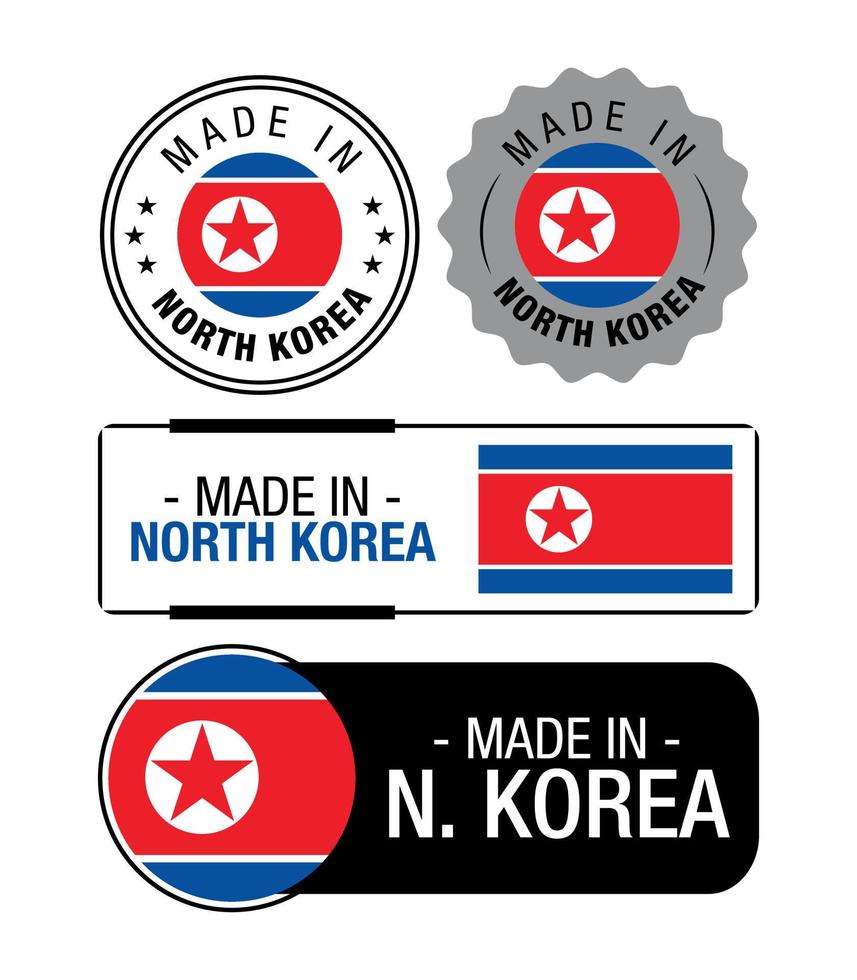 conjunto de etiquetas hechas en corea del norte, logotipo, bandera de corea del norte, emblema de producto de corea del norte vector