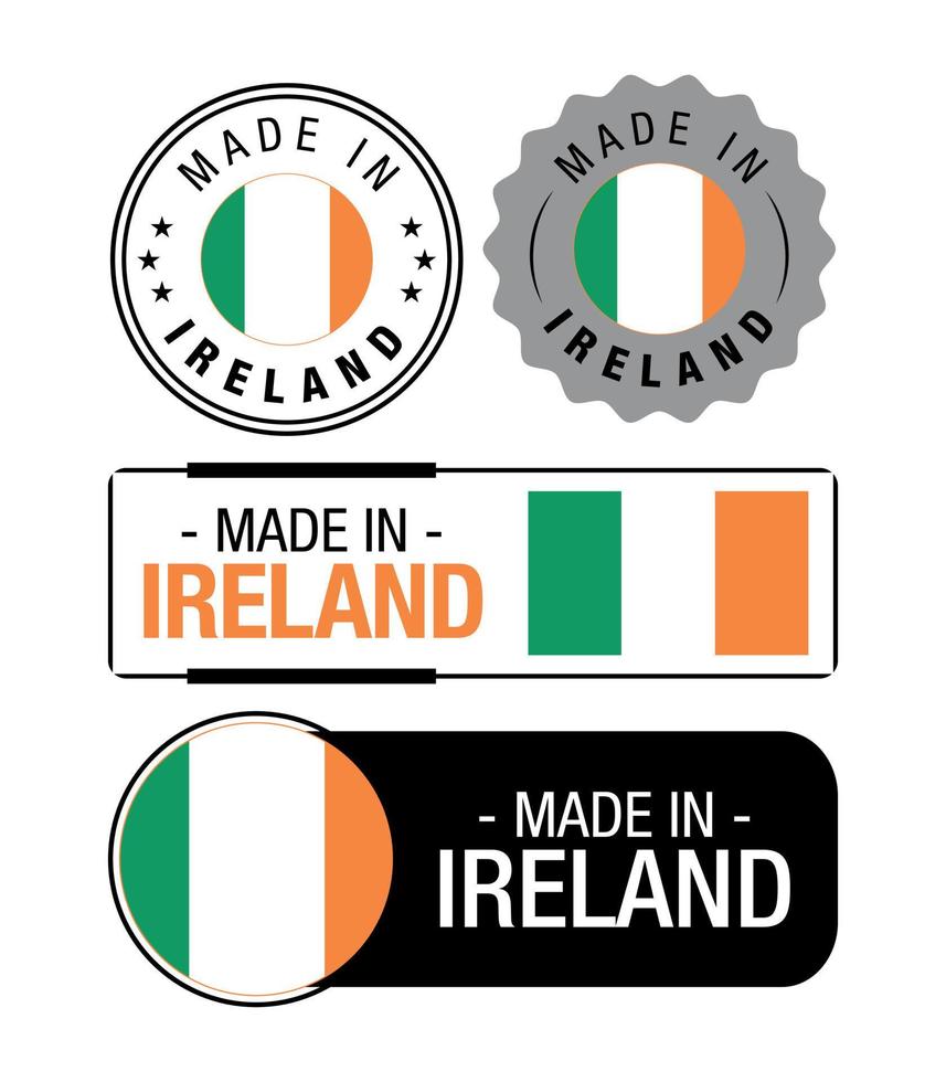 conjunto de etiquetas hechas en Irlanda, logotipo, bandera de Irlanda, emblema del producto de Irlanda vector