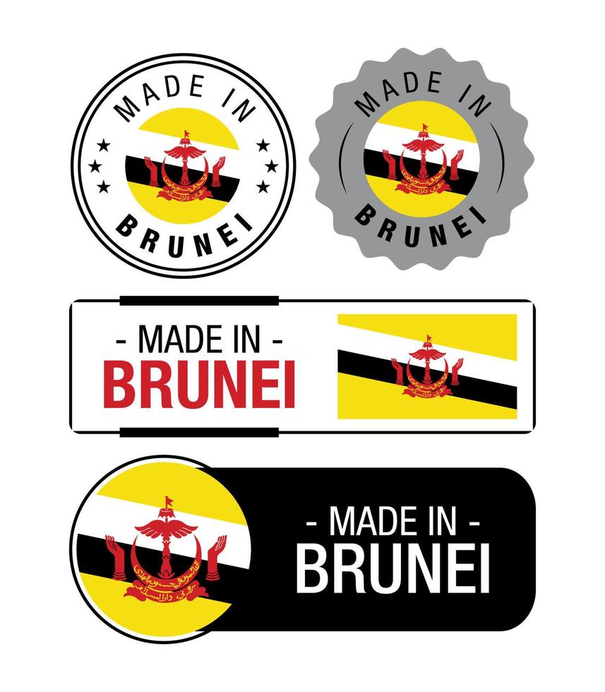 conjunto de etiquetas hechas en brunei, logotipo, bandera de brunei, emblema de producto de brunei vector