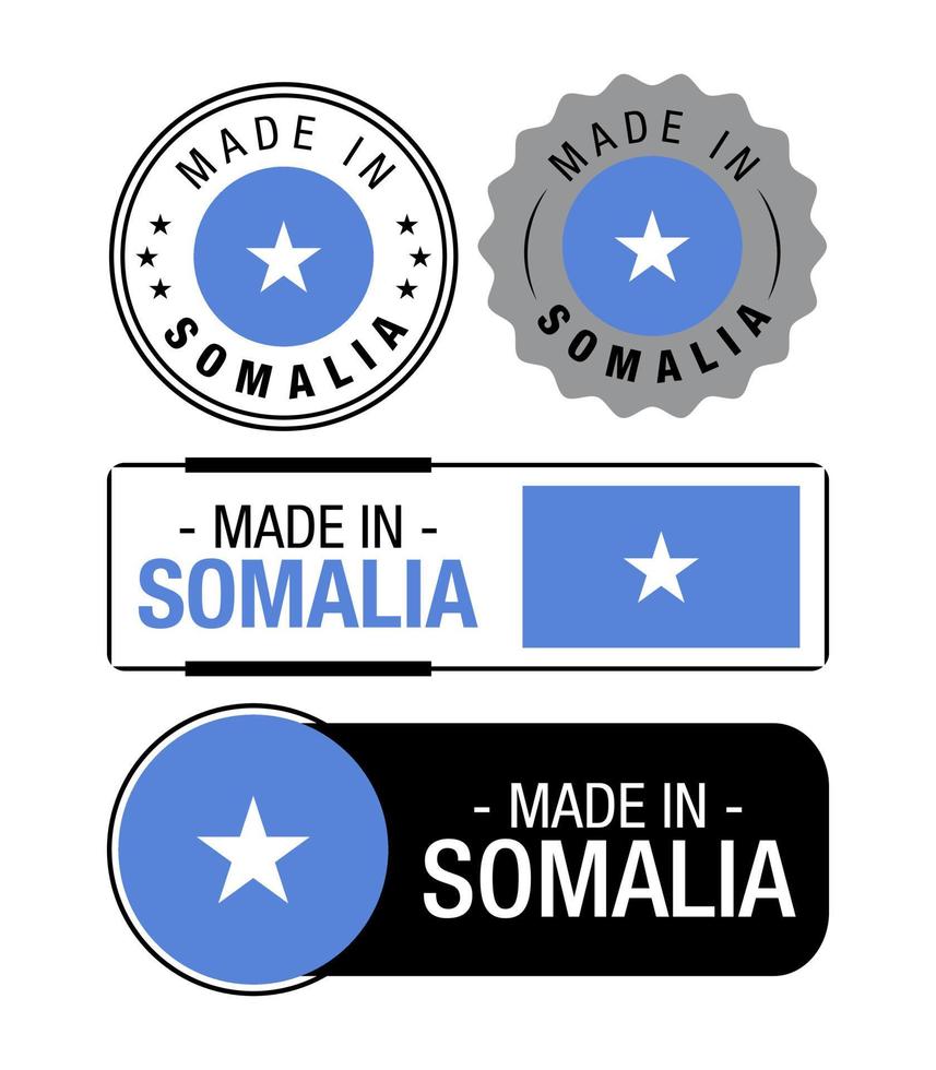 conjunto de etiquetas hechas en somalia, logotipo, bandera de somalia, emblema del producto de somalia vector