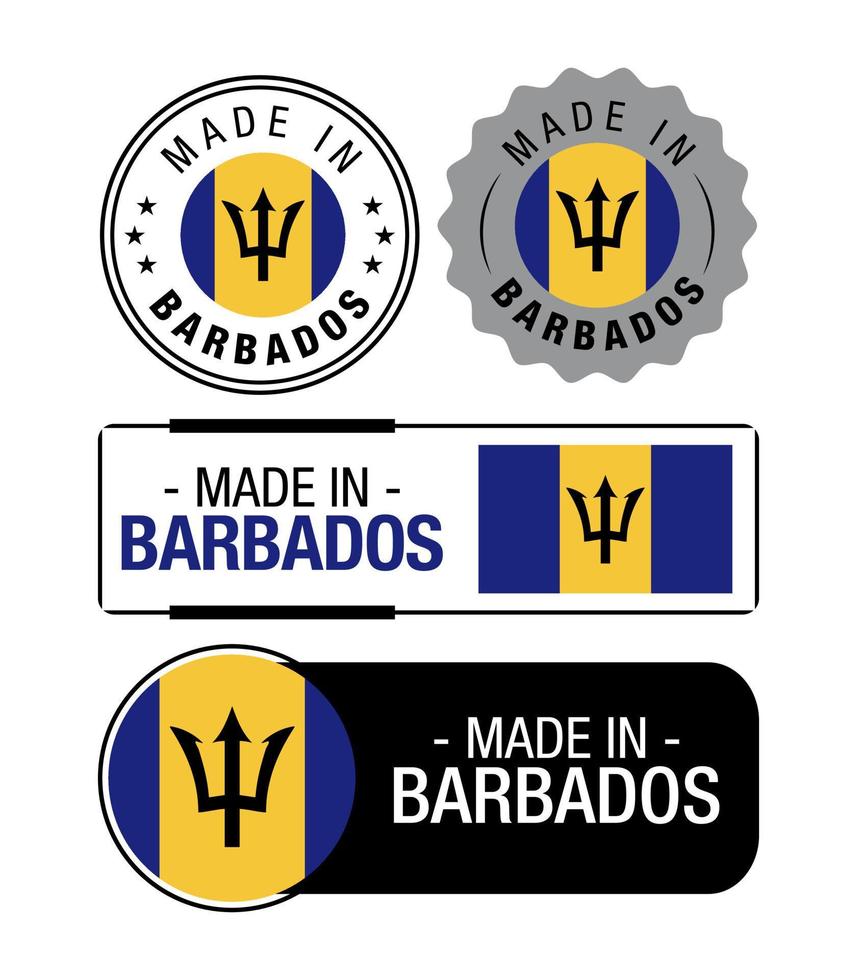 conjunto de etiquetas hechas en barbados, logotipo, bandera de barbados, emblema del producto de barbados vector