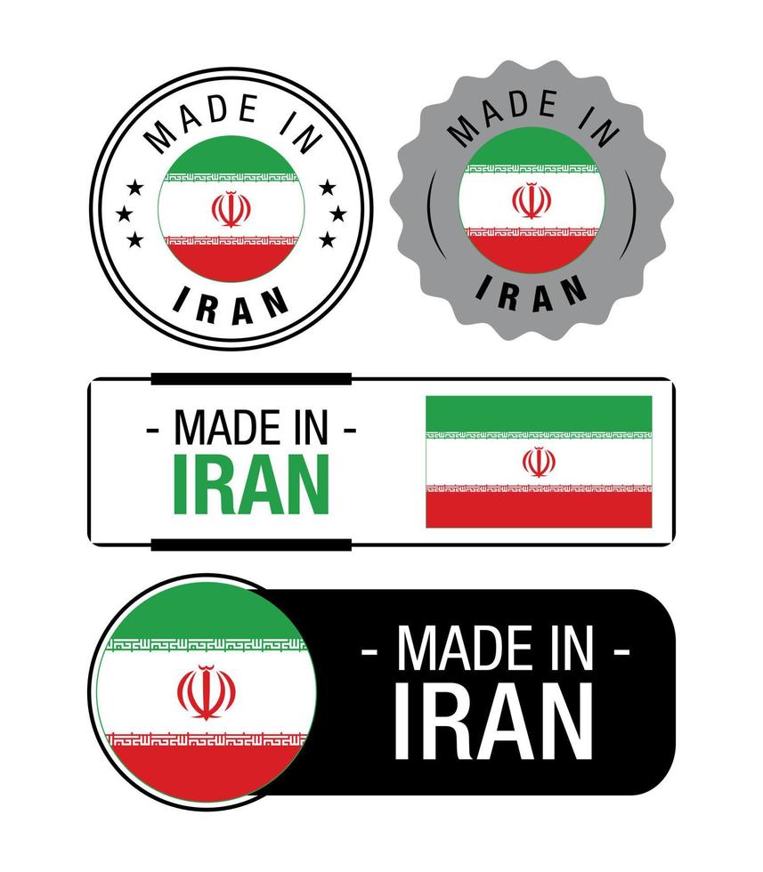 conjunto de etiquetas hechas en Irán, logotipo, bandera de Irán, emblema del producto de Irán vector