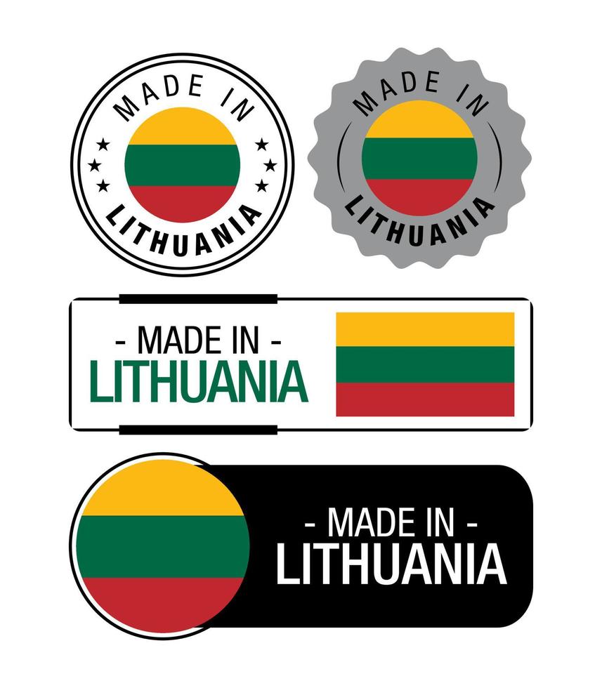 conjunto de etiquetas hechas en lituania, logotipo, bandera de lituania, emblema del producto de lituania vector