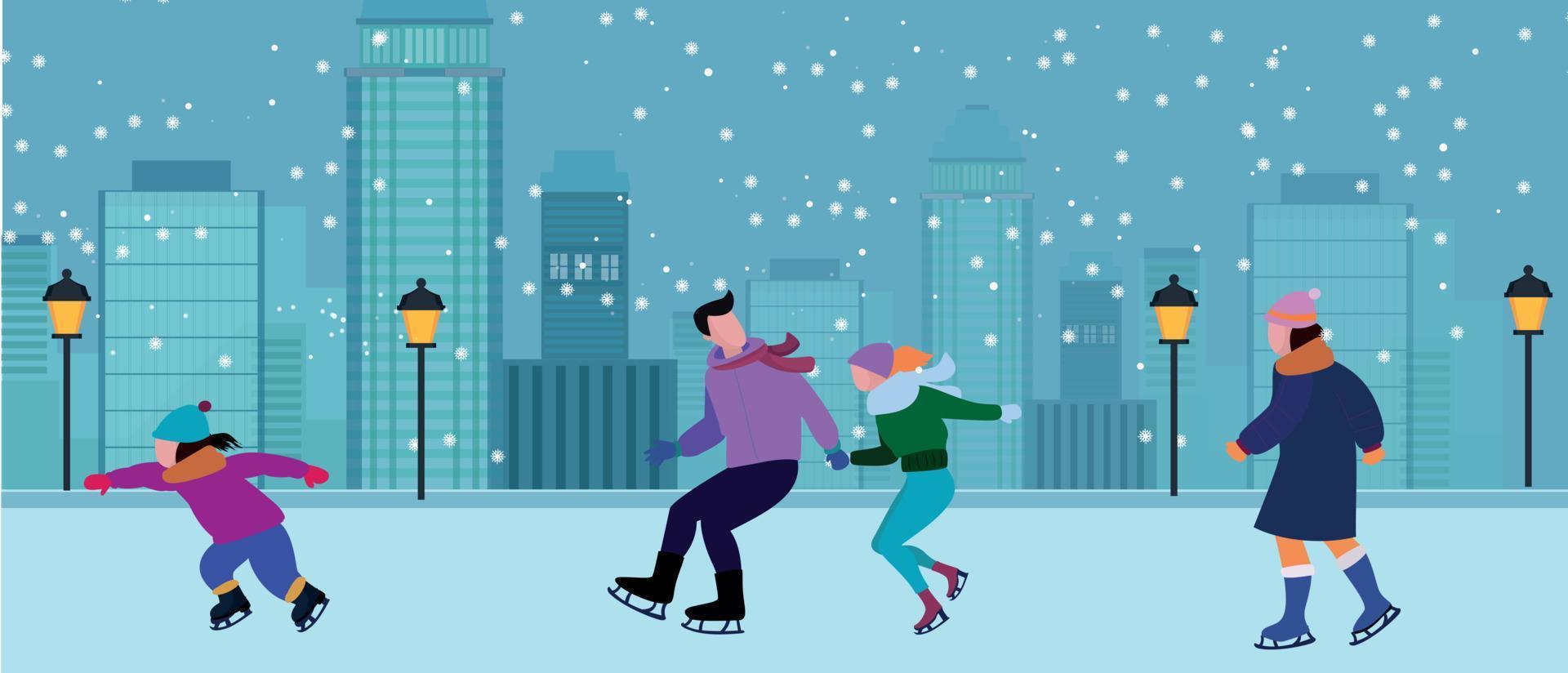 Merry Christmas and Happy New Year. Holiday scene with people characters skating on outdoor ice rink together. Vector illustration.