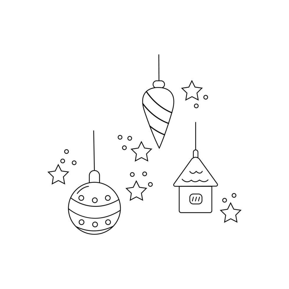 adornos navideños para árboles de garabatos sobre fondo blanco. ilustración vectorial concepto de vacaciones y celebraciones de invierno. bolas, estrella, decoración de juguetes. vector