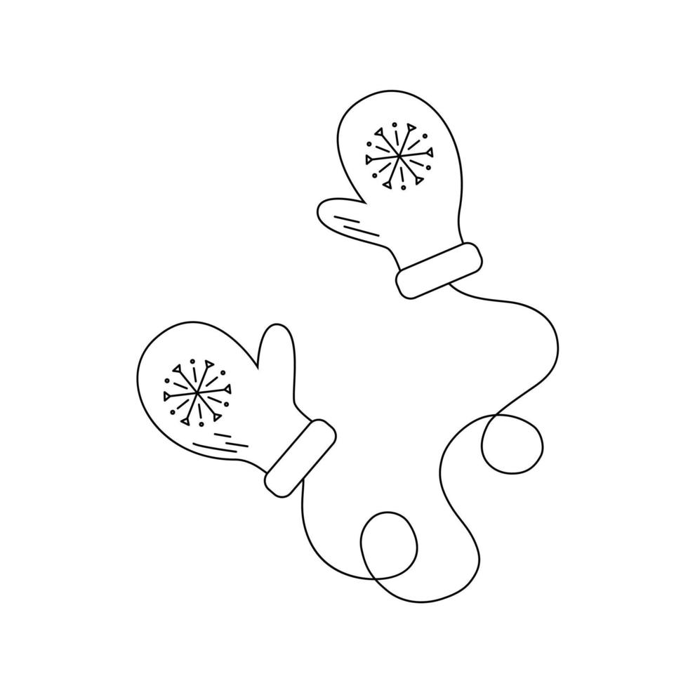 Doodle pair of knitted winter mittens. Vector illustration. Warm mitten icon. Christmas greeting card with mittens.
