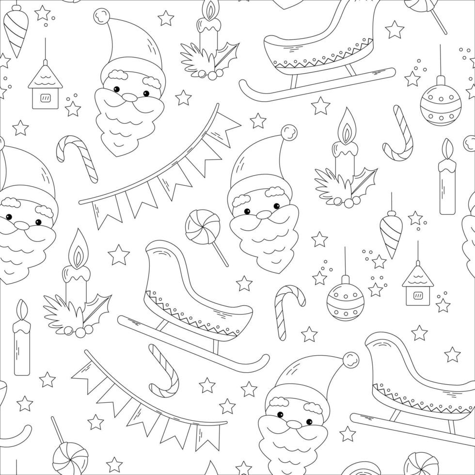 Winter black and white doodle seamless pattern with traditional symbols - Santa, Sleigh, Lollipops, Candles. Christmas concept. New year template. vector