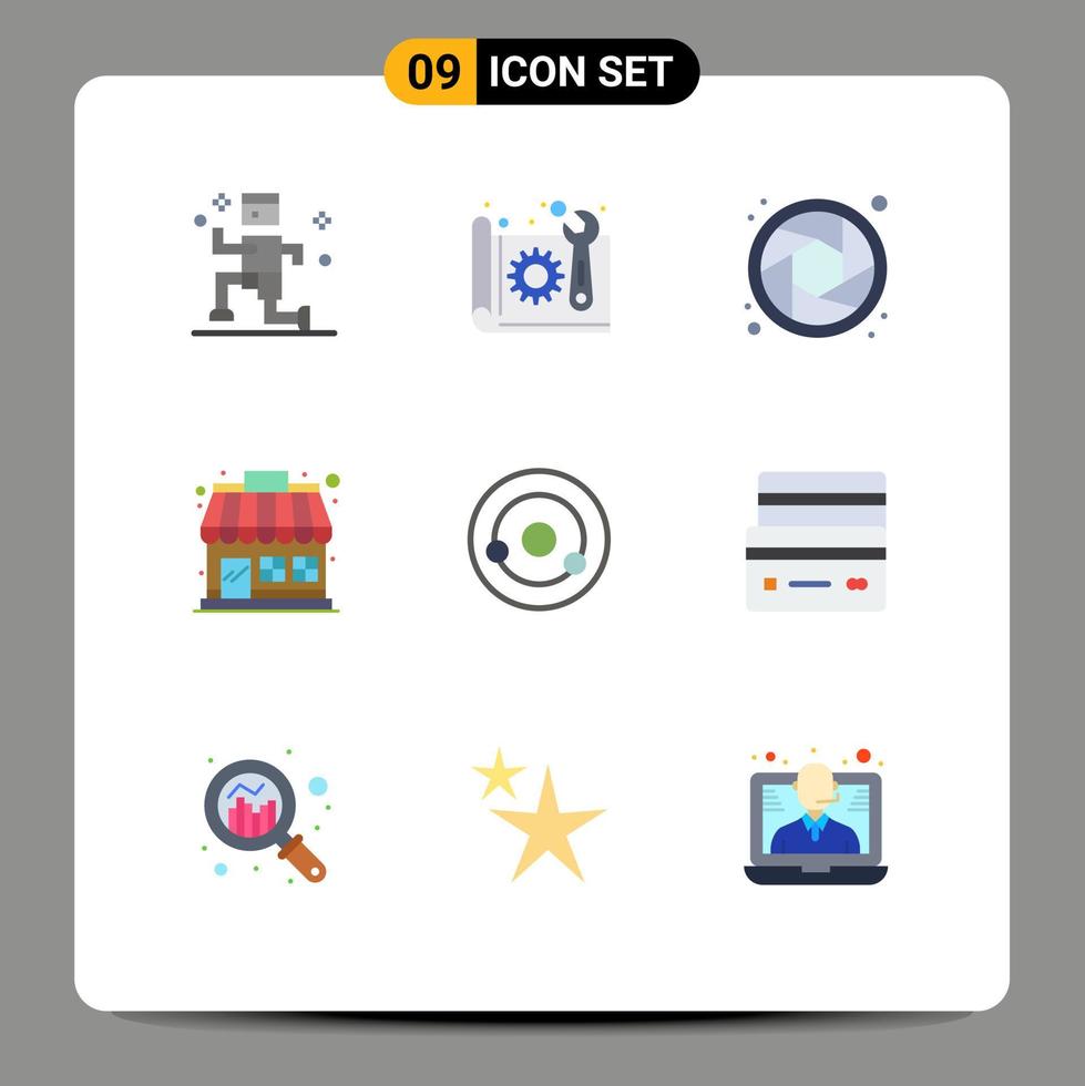 Editable Vector Line Pack of 9 Simple Flat Colors of chemistry atom camera store market store Editable Vector Design Elements