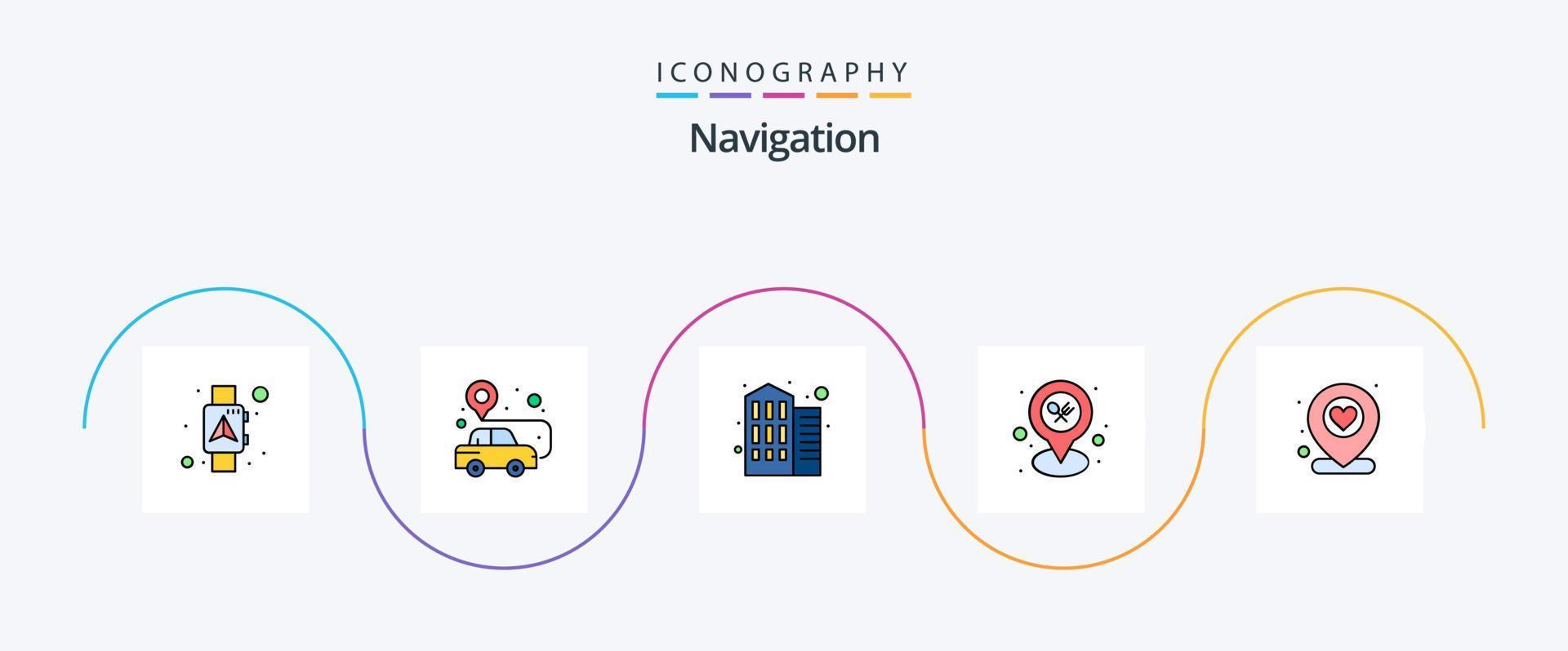 paquete de iconos de 5 planos llenos de línea de navegación, incluido el favorito. mapa. clavo. restaurante. oficina vector