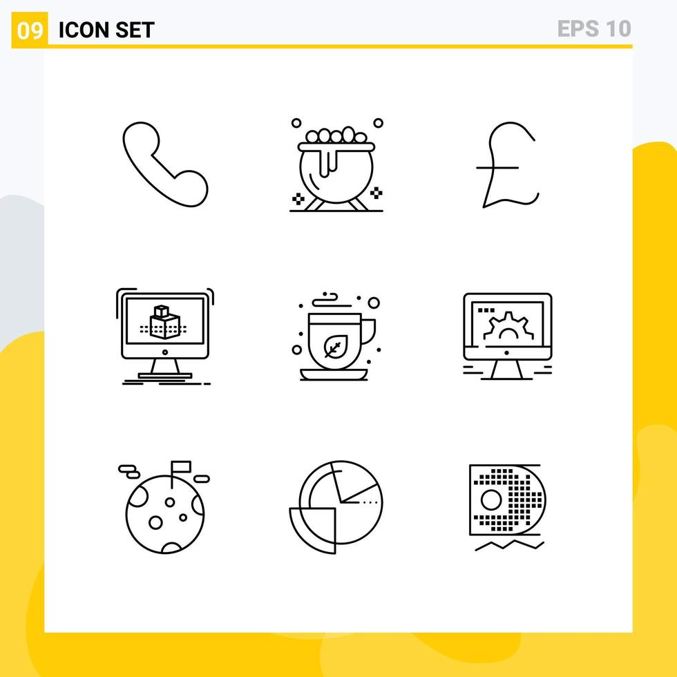 Mobile Interface Outline Set of 9 Pictograms of computer mocha money green tea sketch Editable Vector Design Elements