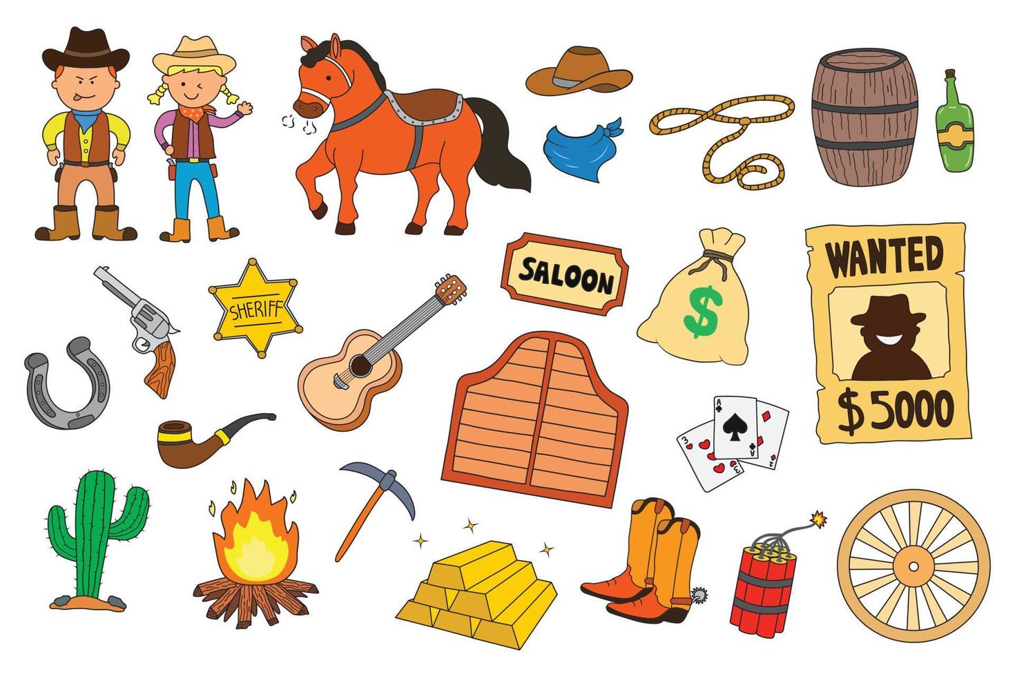 conjunto de ilustraciones vectoriales de elementos del salvaje oeste, incluido el caballo y el afiche buscado con un vaquero vector