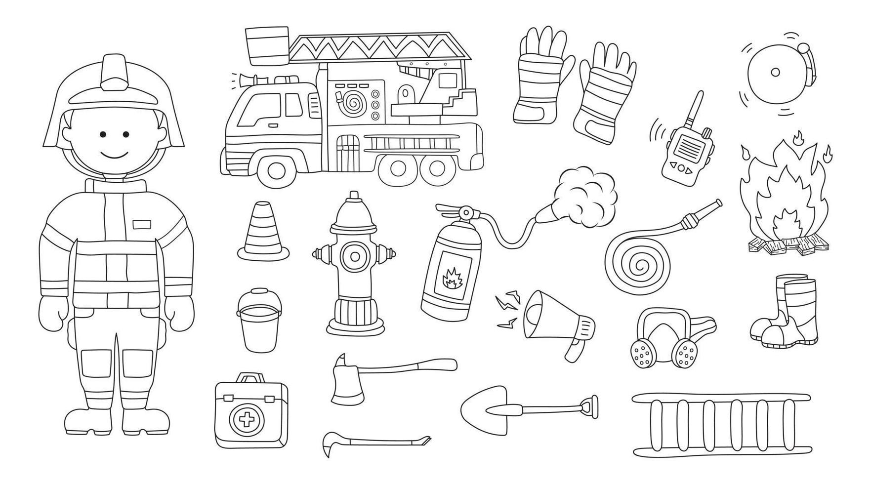 Hand drawn kids drawing vector illustration set of fireman firefighter supplies and equipment with firetruck