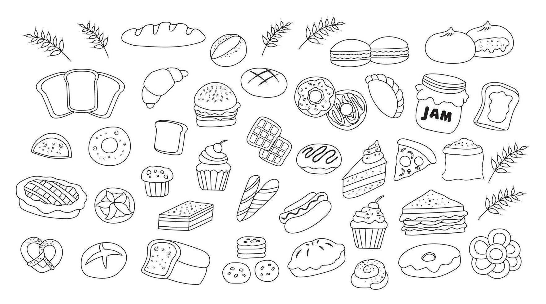 Hand drawn Kids drawing vector Illustration set of bakery bread