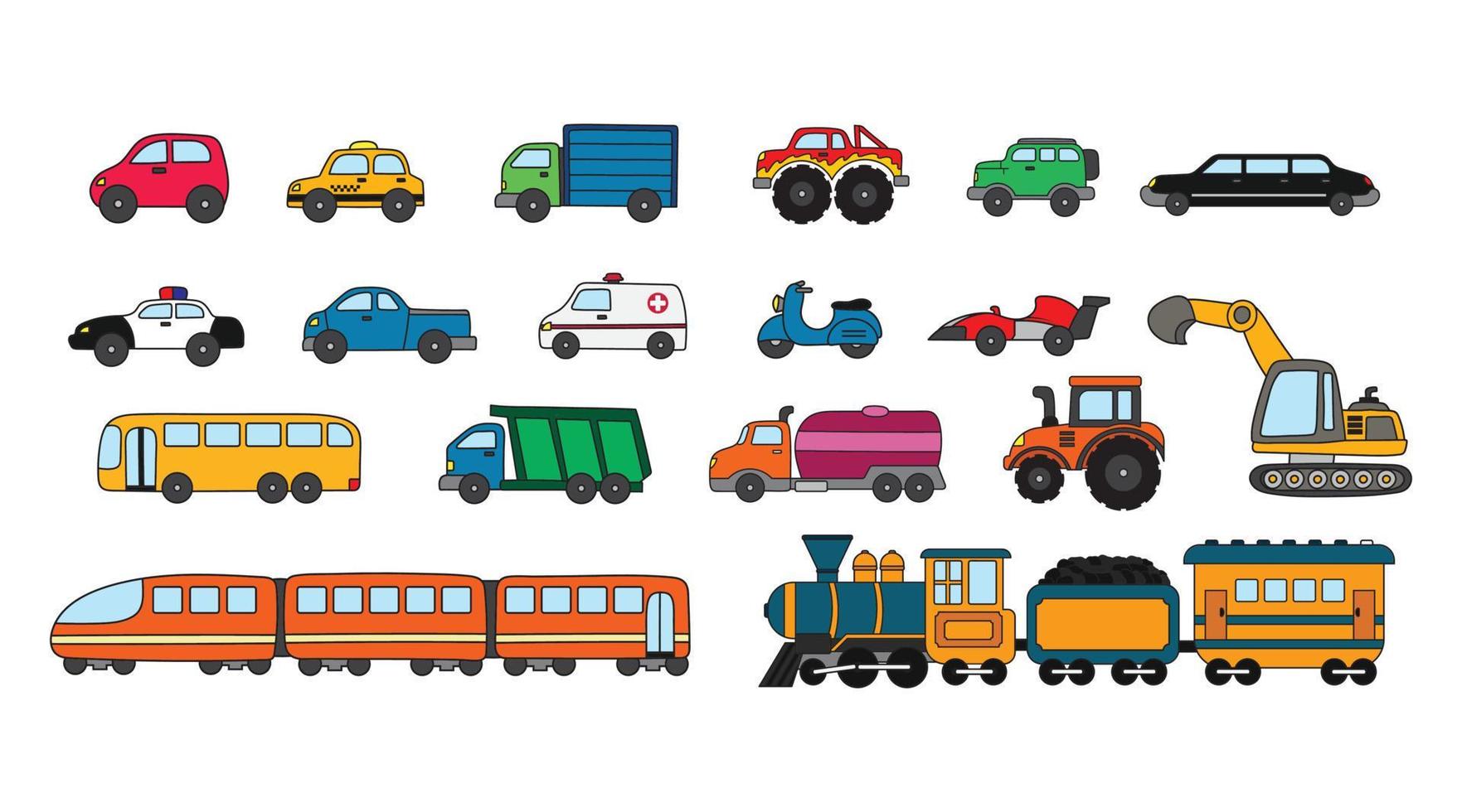 ilustración vectorial conjunto dibujado a mano de iconos de automóviles y trenes de vehículos de transporte vector