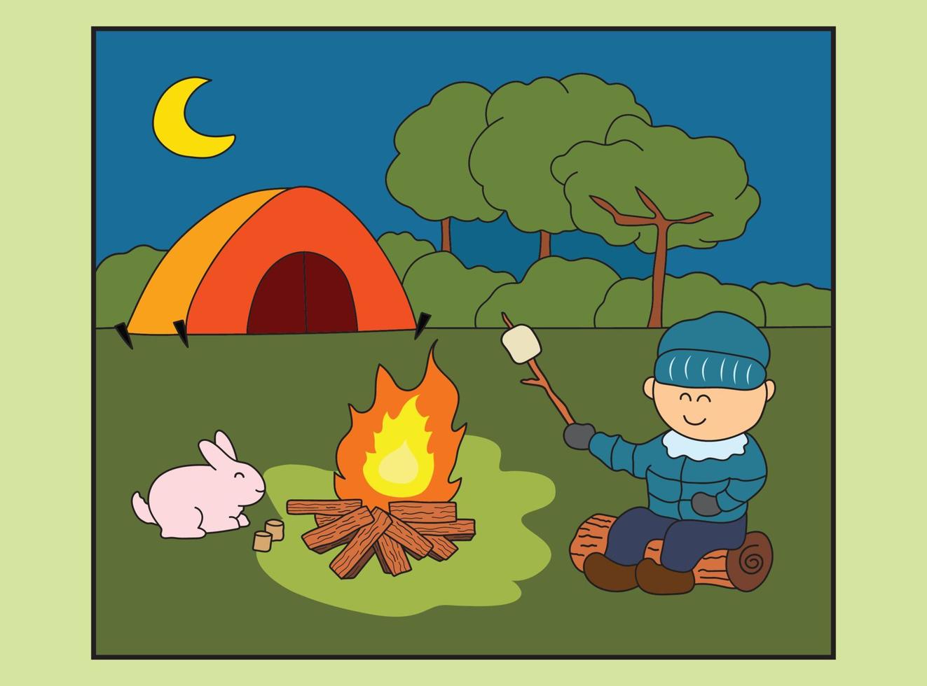 Vector illustration of cute boy camping at night with rabbit in the middle of forest with firewood while eating marshmallow