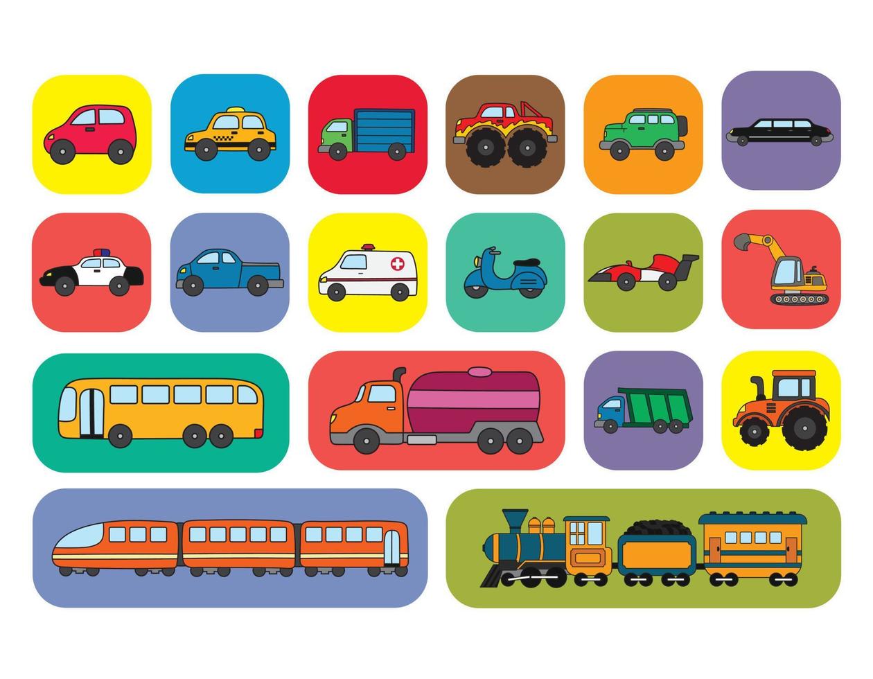 Vector illustration set of transportation vehicle car and trains icons with colorful background