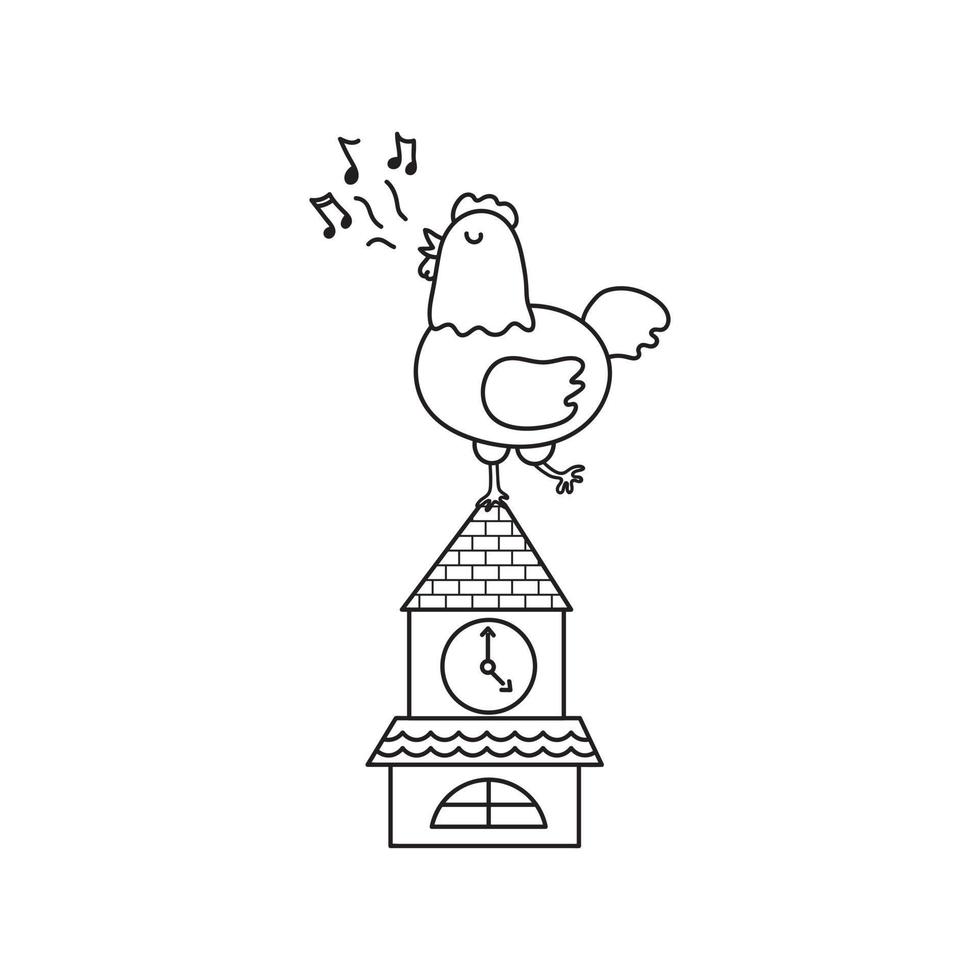 ilustración vectorial dibujada a mano de gallo en la parte superior de la torre del reloj vector