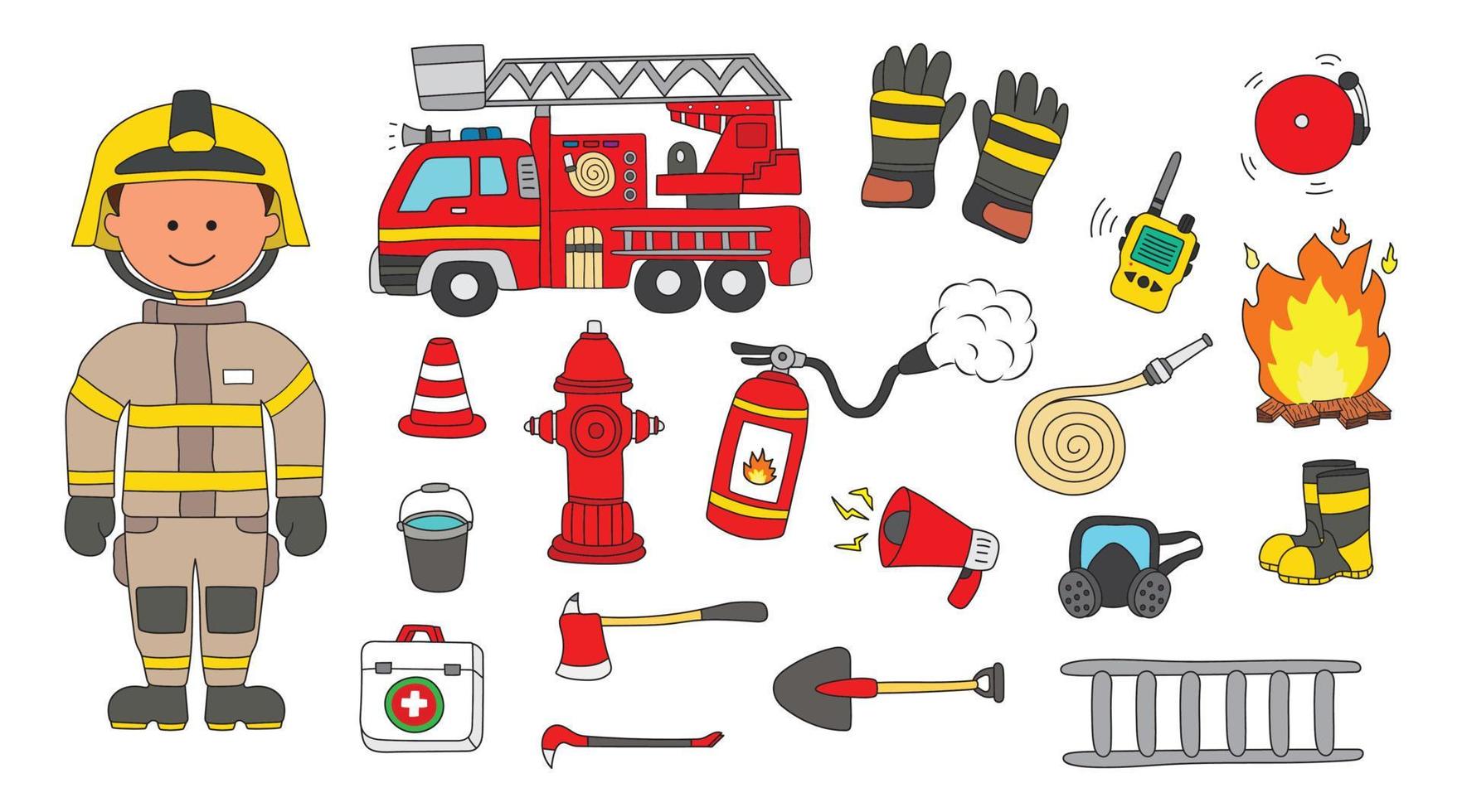 niños dibujando un conjunto de ilustraciones vectoriales de suministros y equipos de bombero con camión de bomberos vector