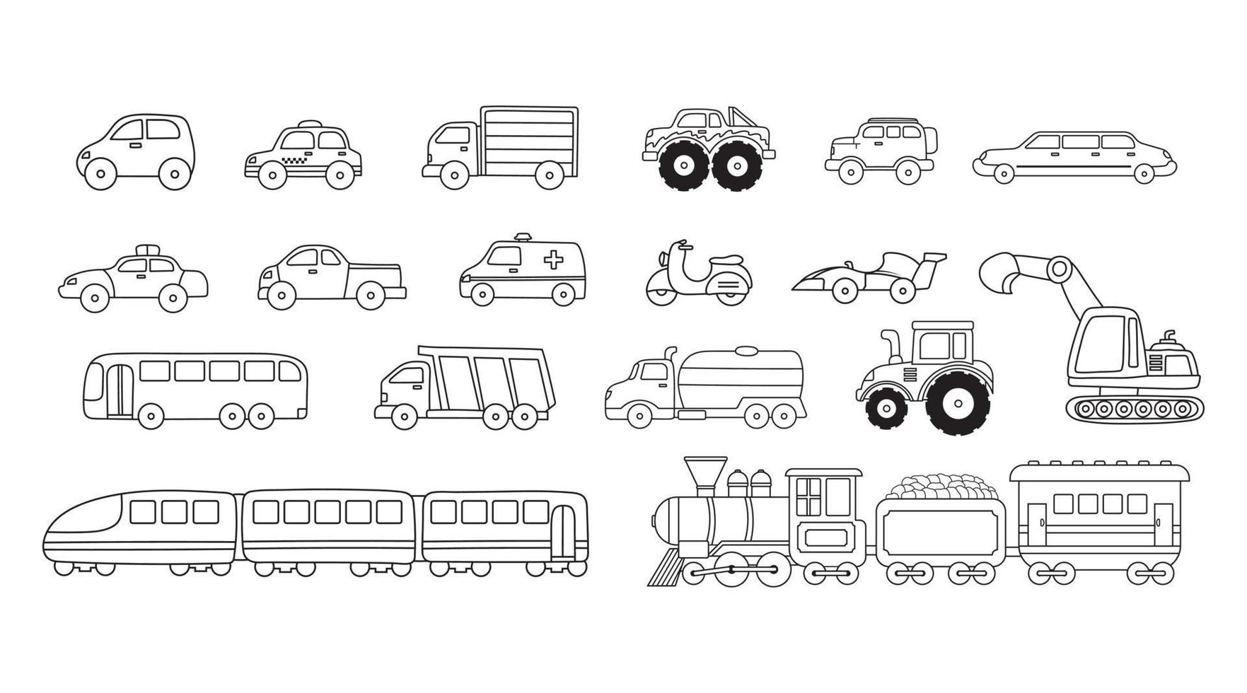 conjunto de ilustraciones vectoriales dibujadas a mano de iconos de automóviles y trenes de vehículos de transporte vector