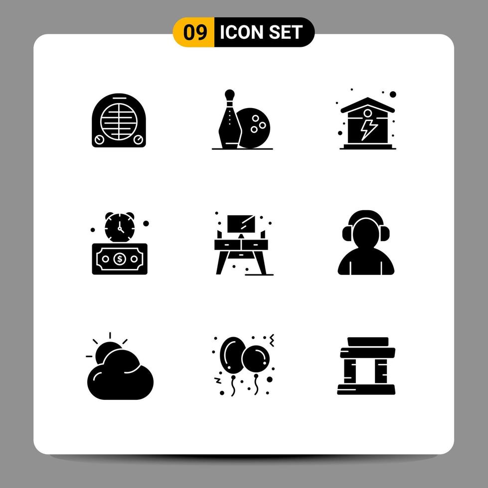 Pack of 9 Modern Solid Glyphs Signs and Symbols for Web Print Media such as living stopwatch electric fast timer Editable Vector Design Elements