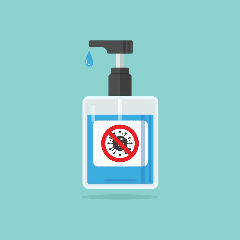 Hand sanitizer pump bottle with virus sign caution vector