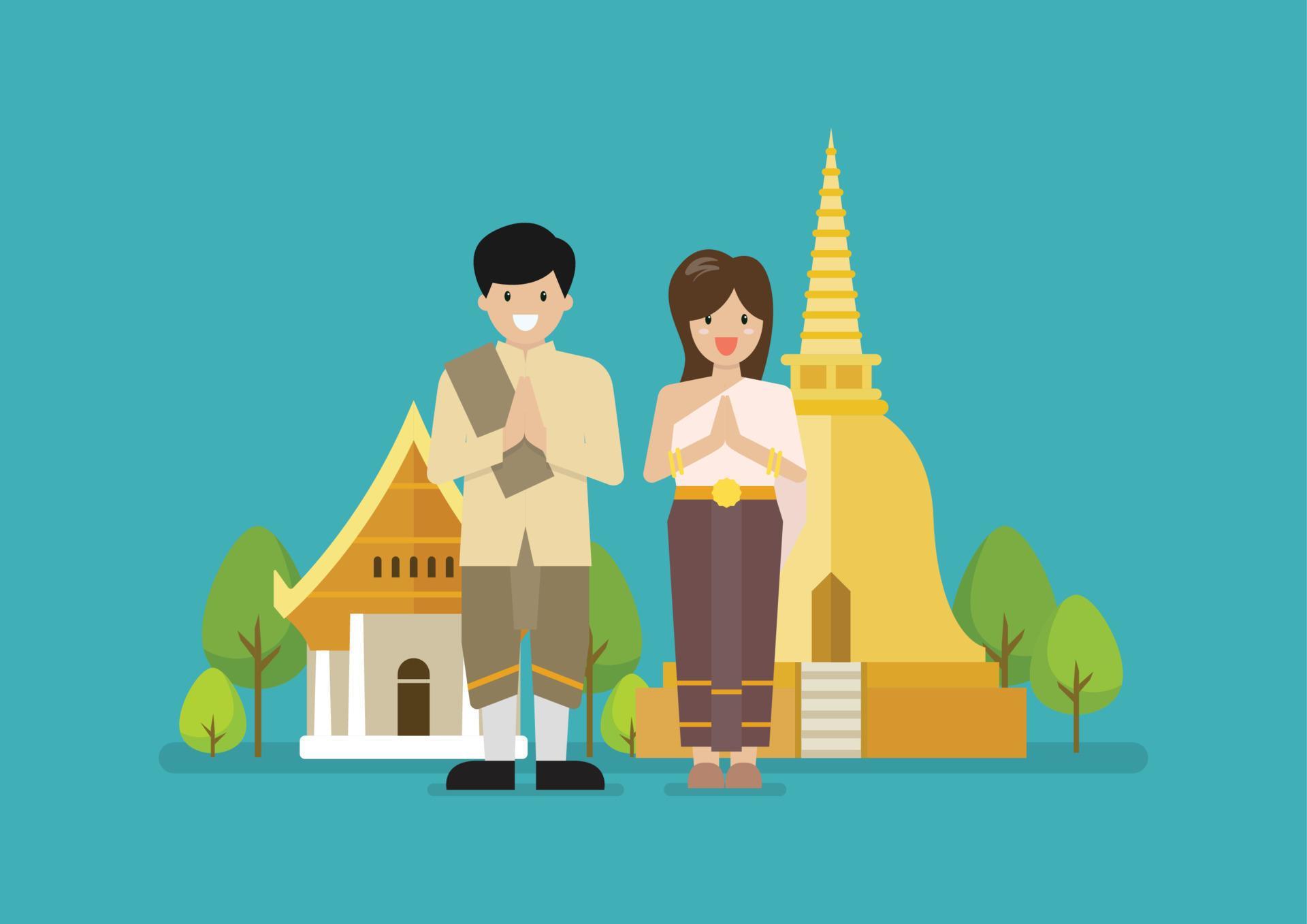 thai-man-and-woman-wearing-typical-thai-dress-with-temple-in-background
