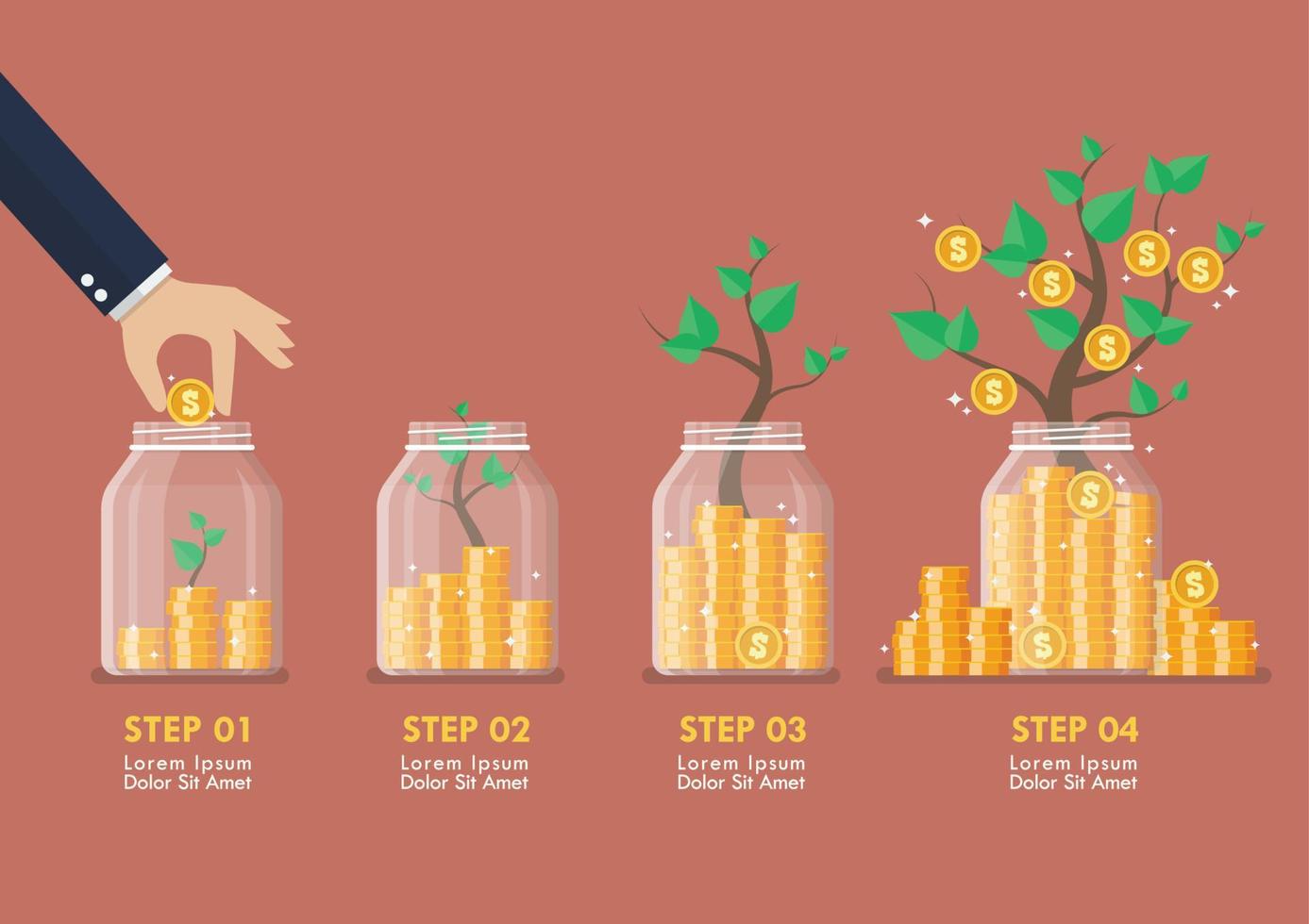 Step of Hand saving coins in glass jars with money trees infographic vector