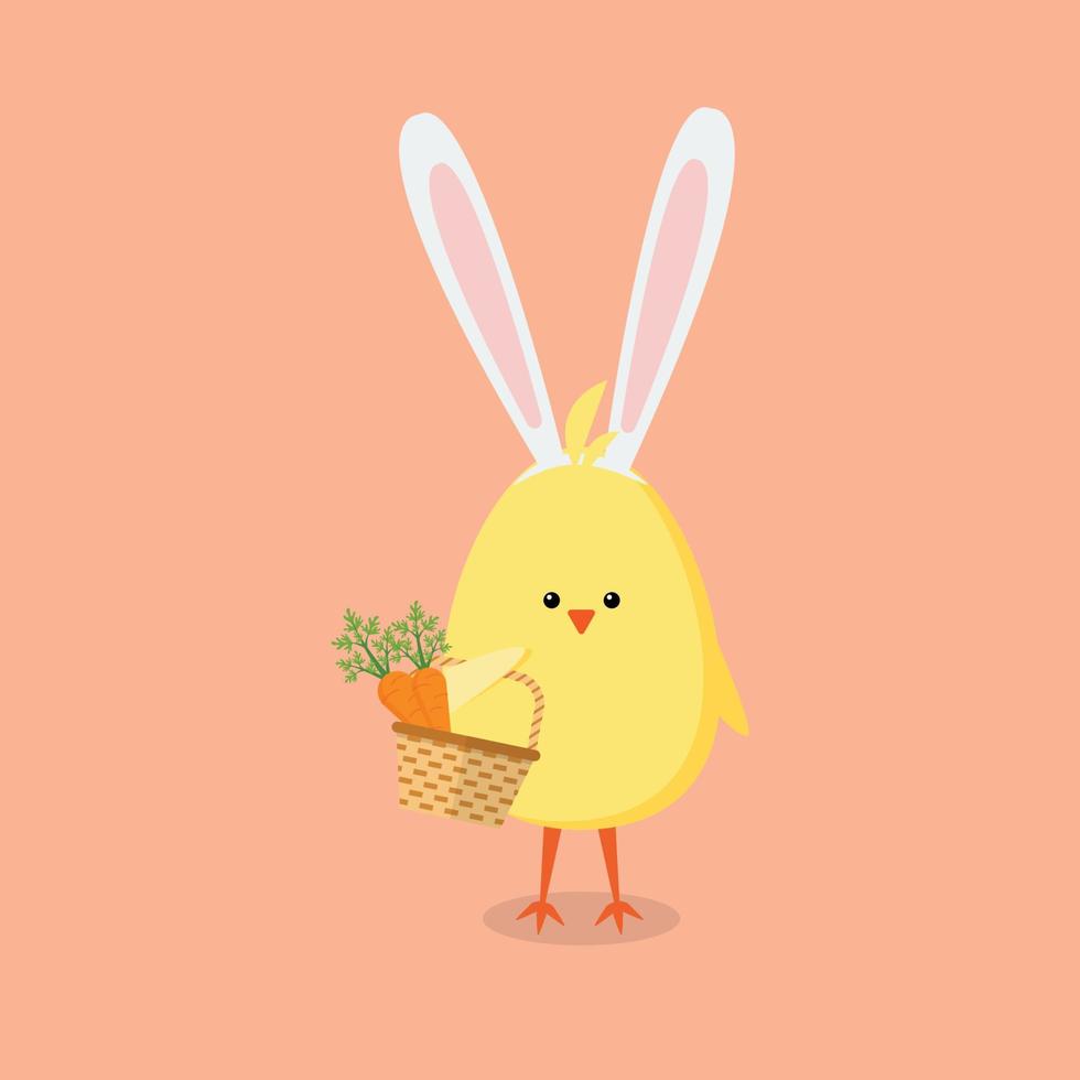 Baby chick holding a basket with carrots vector