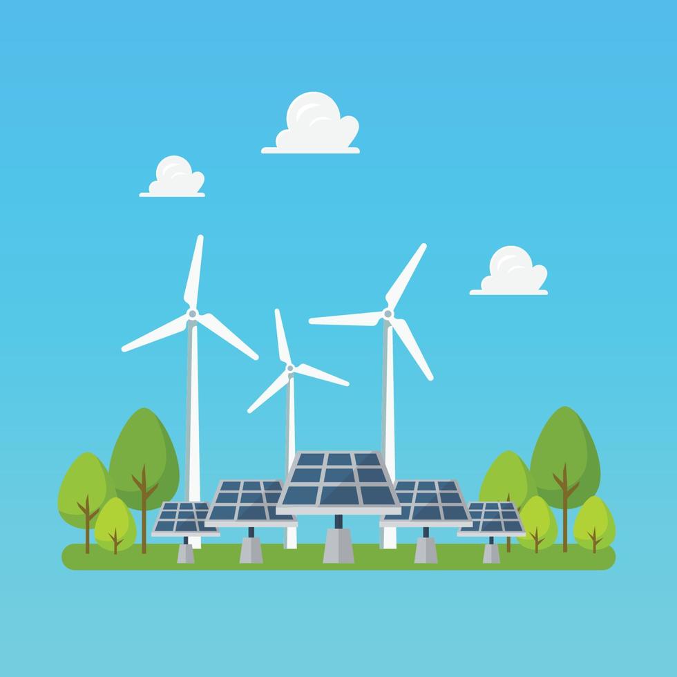 Green energy windmills and solar panels vector