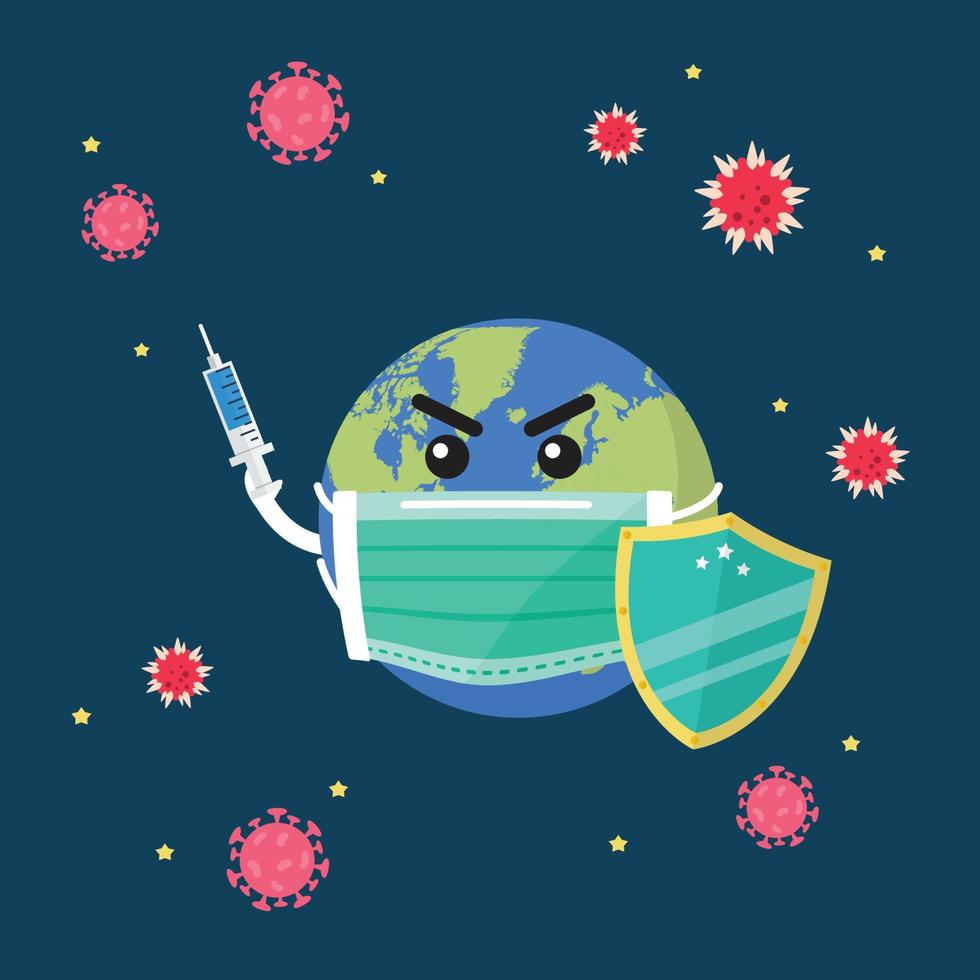 Planet earth wearing a protection medical mask and use vaccine vector