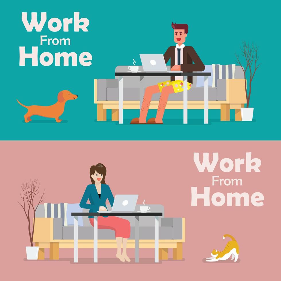 Man and woman working on a laptop from home vector