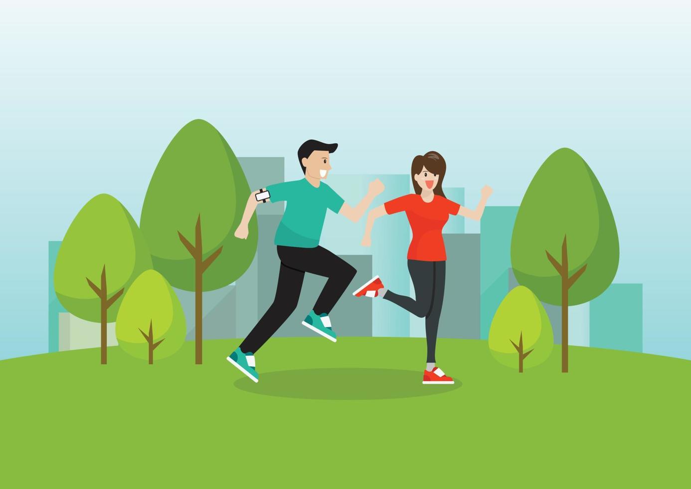 hombre y mujer corriendo en un parque público vector
