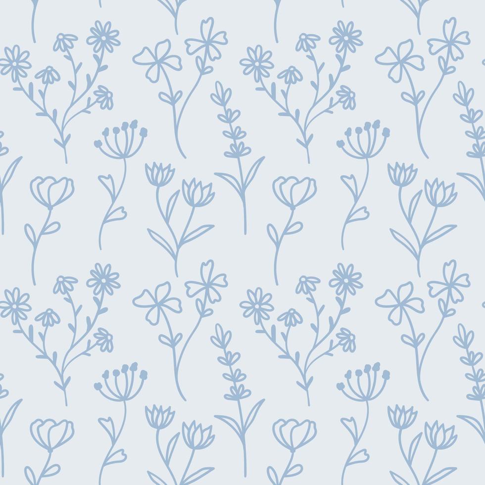 Blue floral vector pattern with hand drawn flower doodles